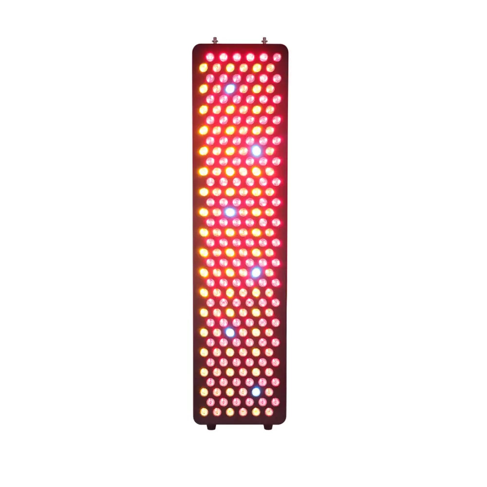 Front view of the Kiva Wellness Solace Luma red light therapy panel with its rows of LEDs illuminated.