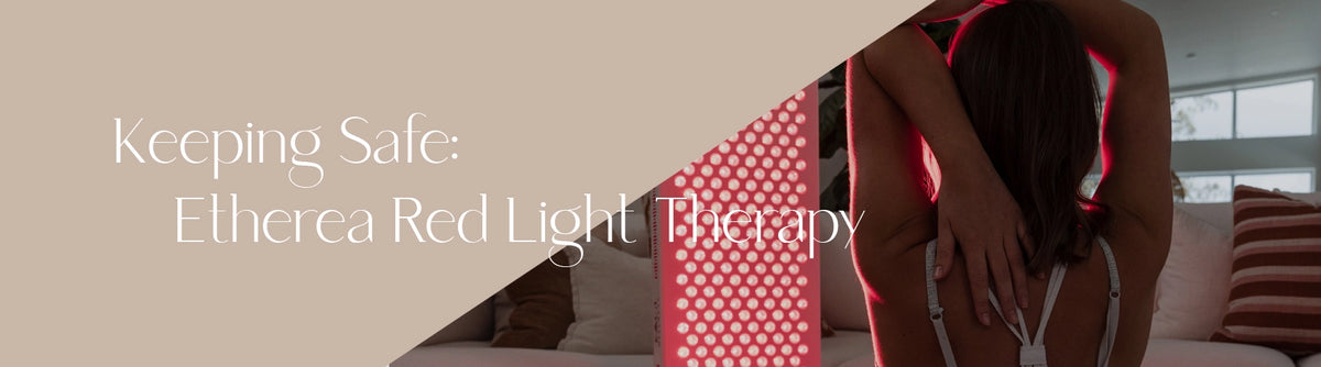 Keeping Safe red light therapy banner with a diagonal photograph of a person beside an illuminated panel.
