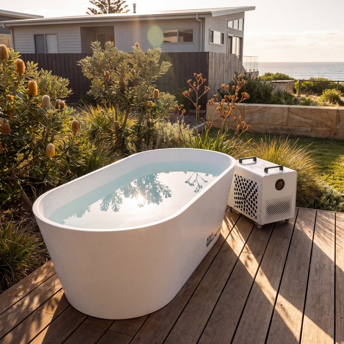 Kiva Kaldr white ice bath filled with water sits on a wooden deck outdoors beside the Core chiller, with garden plants, a house, and ocean views in the background.